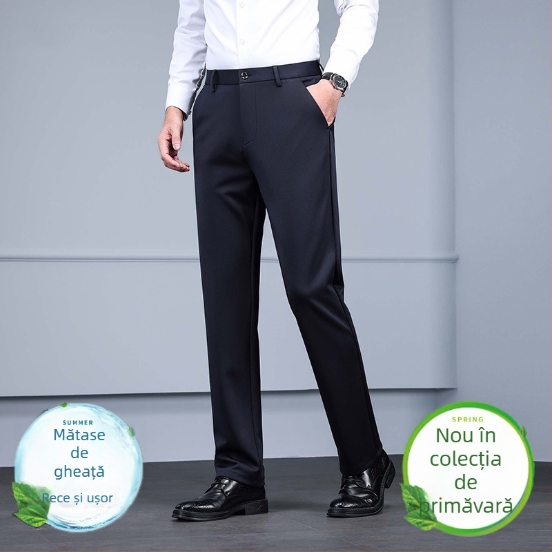 Pantaloni de afaceri pentru bărbați, fără călcare, croială dreaptă, croială slim, din material elastic, pantaloni eleganți, negri, pentru primăvară-vară.