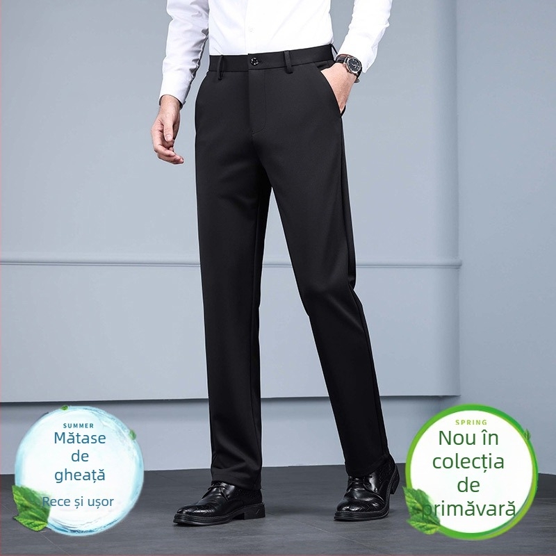 Pantaloni de afaceri pentru bărbați, fără călcare, croială dreaptă, croială slim, din material elastic, pantaloni eleganți, negri, pentru primăvară-vară.