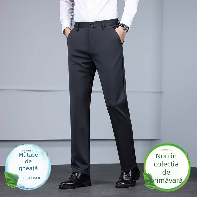 Pantaloni de afaceri pentru bărbați, fără călcare, croială dreaptă, croială slim, din material elastic, pantaloni eleganți, negri, pentru primăvară-vară.