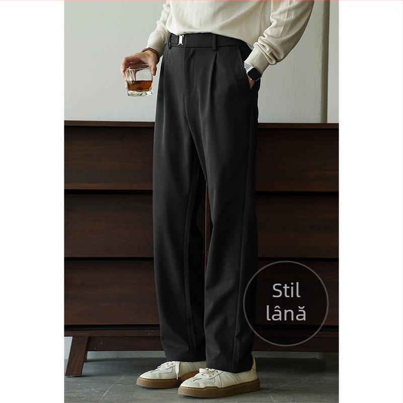 Pantaloni pentru bărbați, stil japonez, talie semi-elastică, plisate, croială dreaptă, întreținere ușoară, toamnă 2025, pantaloni casual