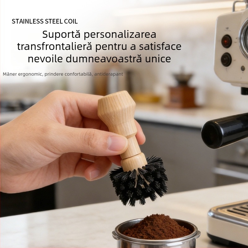 Perie de curățare cafea pentru râșniță și espresso, cu mâner din lemn; peri din nylon; curățare a reziduurilor de pulbere și a paharelor