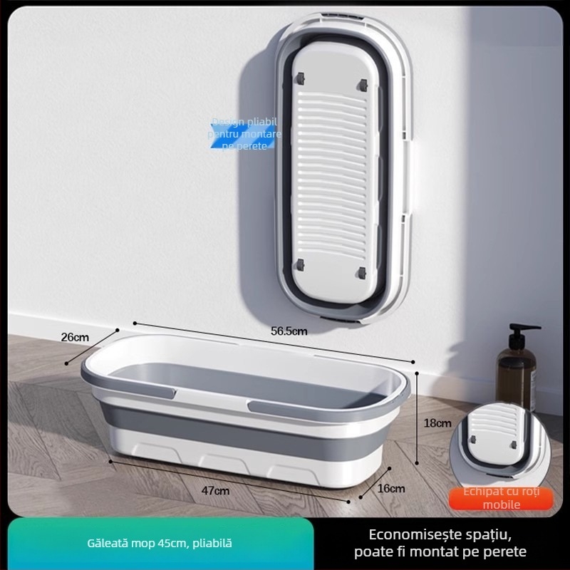 Găleată de mop pliabilă cu roți, rezervor de apă din silicon, ușor de transport, mâner telescopic 120–140 cm, mop din microfibră cu tijă din oțel inoxidabil