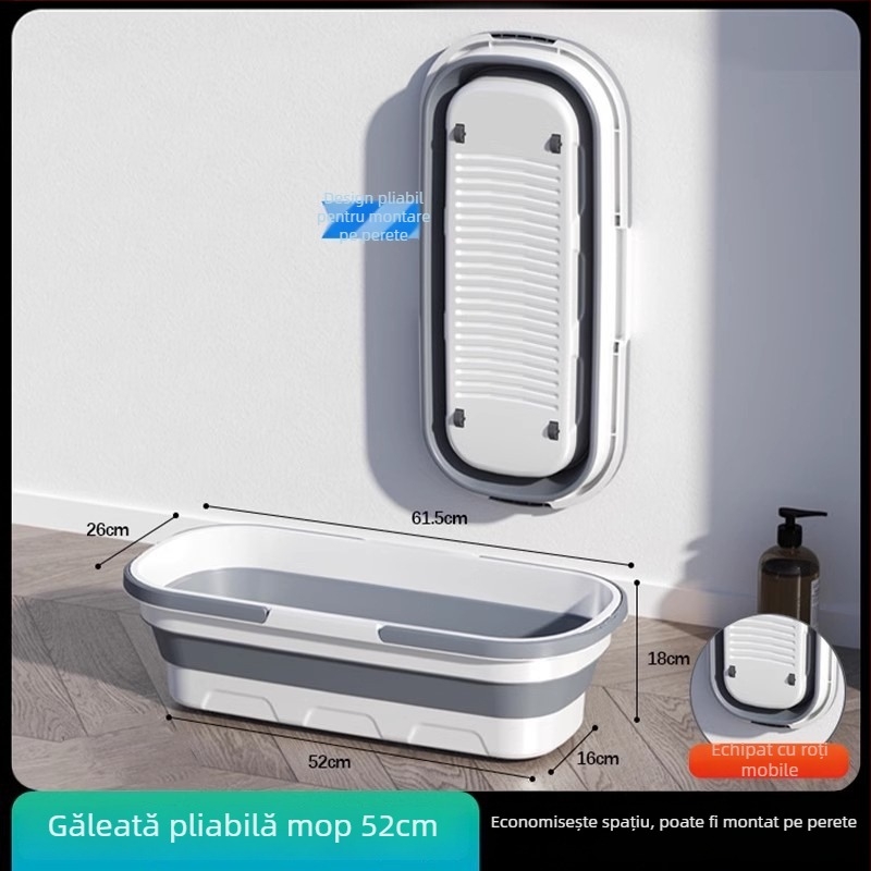 Găleată de mop pliabilă cu roți, rezervor de apă din silicon, ușor de transport, mâner telescopic 120–140 cm, mop din microfibră cu tijă din oțel inoxidabil