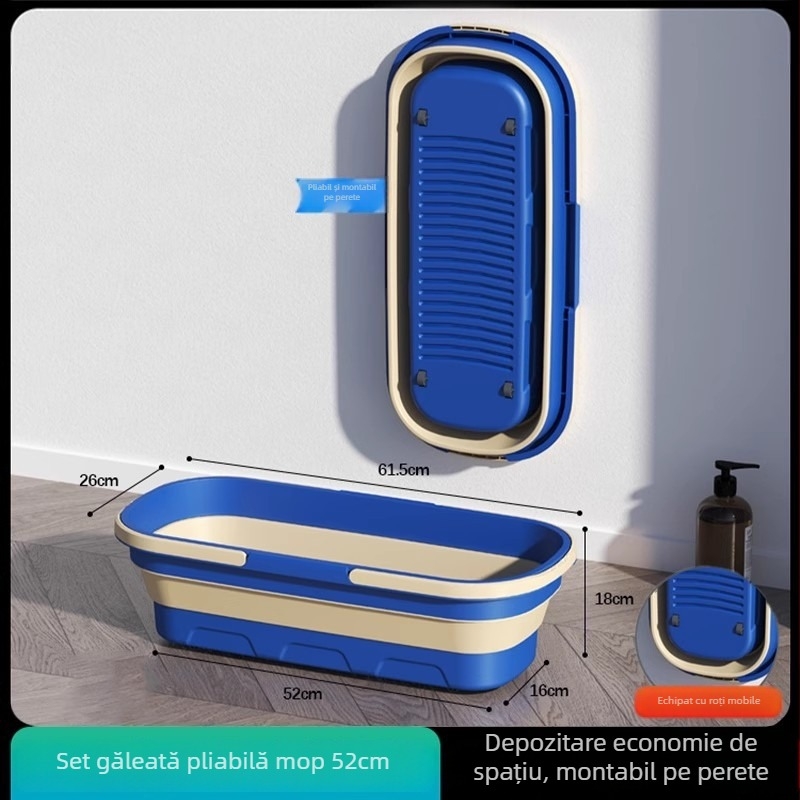 Găleată de mop pliabilă cu roți, rezervor de apă din silicon, ușor de transport, mâner telescopic 120–140 cm, mop din microfibră cu tijă din oțel inoxidabil
