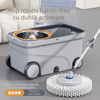 Set mop și găleată cu dublu sistem de acționare pentru curățenie în casă, mop fără atingere cu tijă de tragere, cap mobil