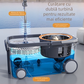 Set mop și găleată cu dublu sistem de acționare pentru curățenie în casă, mop fără atingere cu tijă de tragere, cap mobil