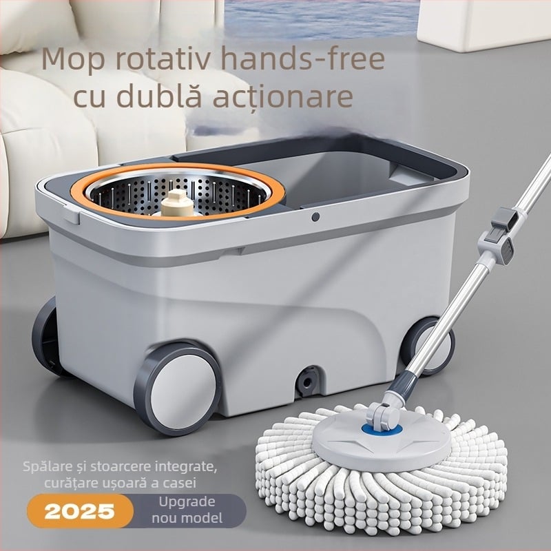 Set mop și găleată cu dublu sistem de acționare pentru curățenie în casă, mop fără atingere cu tijă de tragere, cap mobil