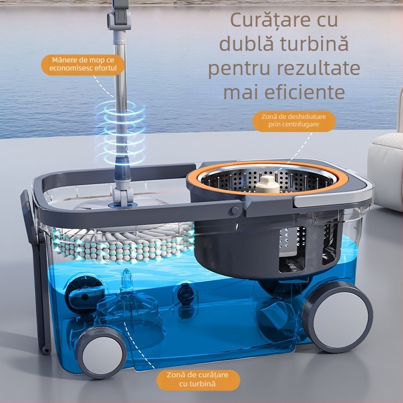 Set mop și găleată cu dublu sistem de acționare pentru curățenie în casă, mop fără atingere cu tijă de tragere, cap mobil