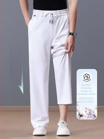 Pantaloni casual bărbați din bumbac, vară, talie înaltă, croială lată, ușori, fermoar, picior drept, țesătură stretch, mai multe buzunare