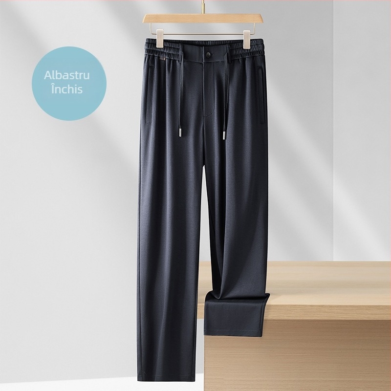 Pantaloni casual bărbați din bumbac, vară, talie înaltă, croială lată, ușori, fermoar, picior drept, țesătură stretch, mai multe buzunare