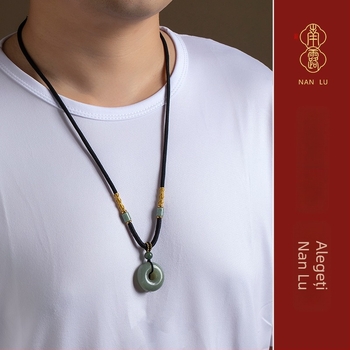 Pandantiv din jad cu șnur împletit și motiv Buddha, colier pentru bărbați