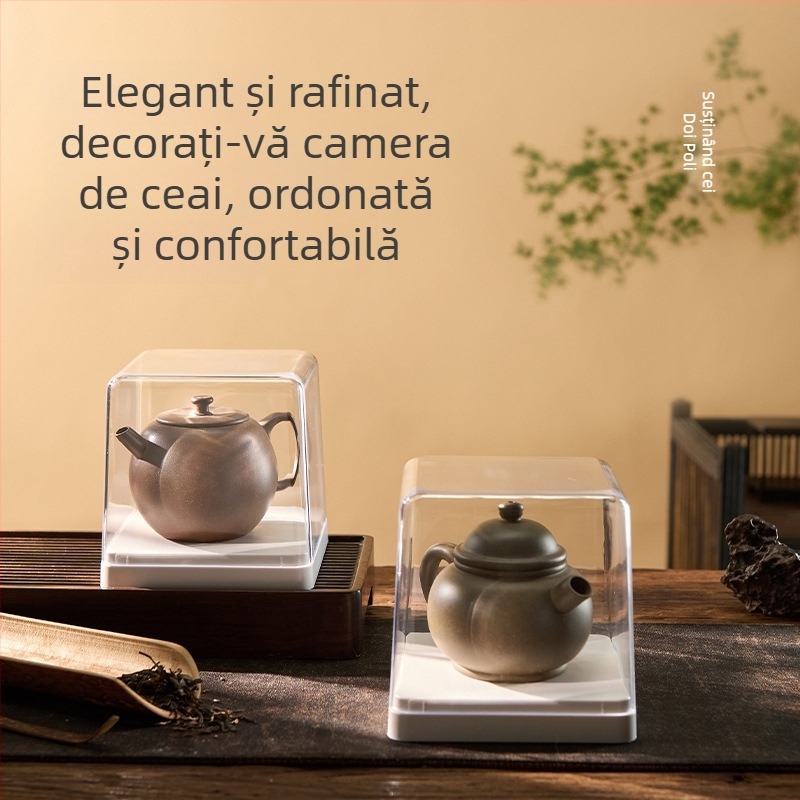Raft transparent pentru ceainic din lut mov, suport de expunere pentru cești și frunze de ceai, protecție împotriva prafului, stivuire
