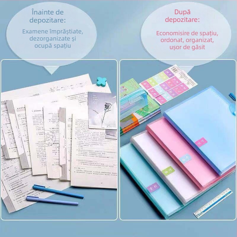 Mapă A3 pentru depozitare fișe de test, cu buzunare transparente, compartimente multiple pentru documente, pentru elevi