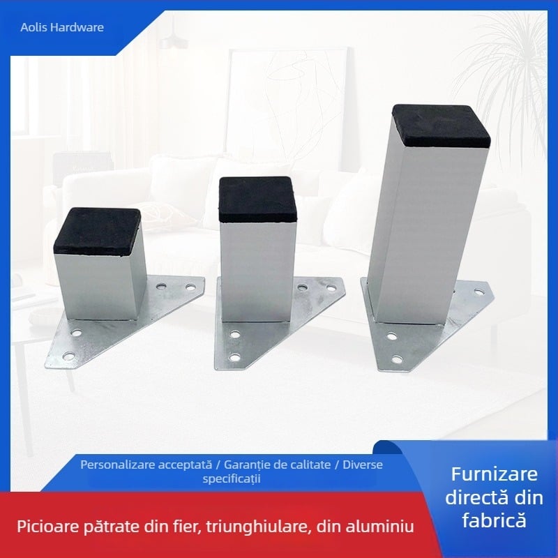 Picioare pătrate din aliaj de aluminiu goale, 38 mm, pentru canapea și dulap, cu placă triunghiulară, neajustabile