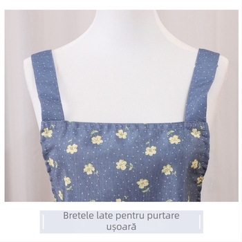 Șorț floral cu bretele, buzunăr mare, rezistent la ulei, destinat femeilor pentru gătit și curățenie în casă.