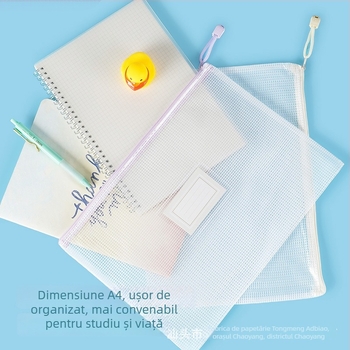 Mapă A4 transparentă din plasă, impermeabilă și îngroșată, pentru organizarea materiilor, în culori macarons, cu fermoar