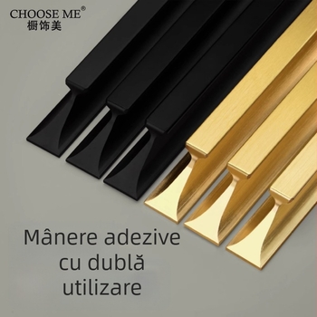 Maner personalizat fără găuri, cu adeziv, pentru mobilier, utilizare dublă – uși de dulap și mobilier, din aliaj de aluminiu, finisaje negru mat, alb, auriu șlefuit, dimensiuni 120–1000 mm