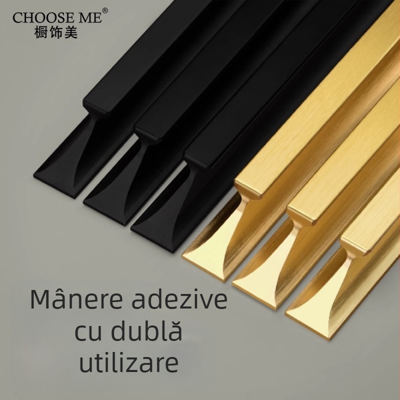 Maner personalizat fără găuri, cu adeziv, pentru mobilier, utilizare dublă – uși de dulap și mobilier, din aliaj de aluminiu, finisaje negru mat, alb, auriu șlefuit, dimensiuni 120–1000 mm