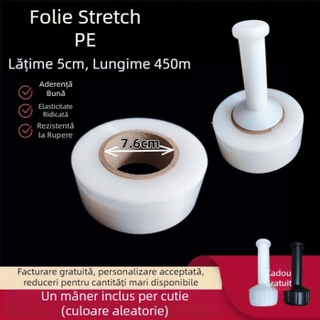 Film de înfășurat manual, lățime 5 cm, autoadeziv, rolă mare PE, mâner din plastic transparent