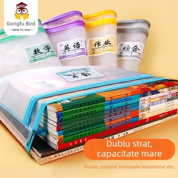 Geantă A4 din nylon transparent cu fermoar pentru elevi, organizator dublu pentru materii și depozitare pentru manuale