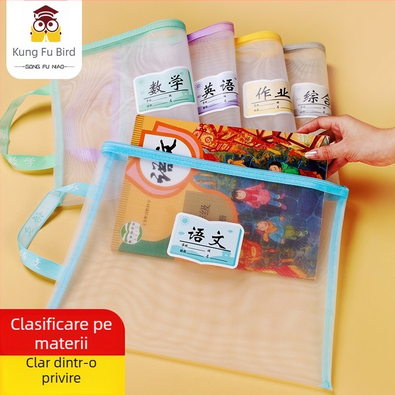 Geantă A4 din nylon transparent cu fermoar pentru elevi, organizator dublu pentru materii și depozitare pentru manuale
