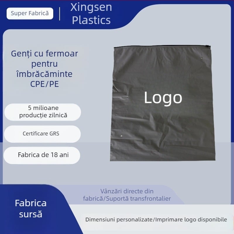 Pungă CPE cu fermoar pentru haine, finisaj sablat, transparență ridicată, grosime dublă, protecție împotriva prafului, culoare gri închis, dimensiuni 30×40 cm