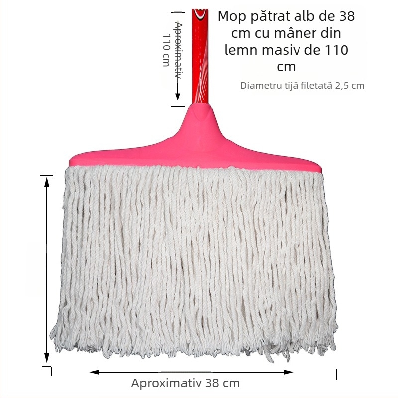 Mop plat cu cap din fir de bumbac, mâner din lemn extensibil, cârpă de mop absorbentă, cap plat gros, răsucire manuală