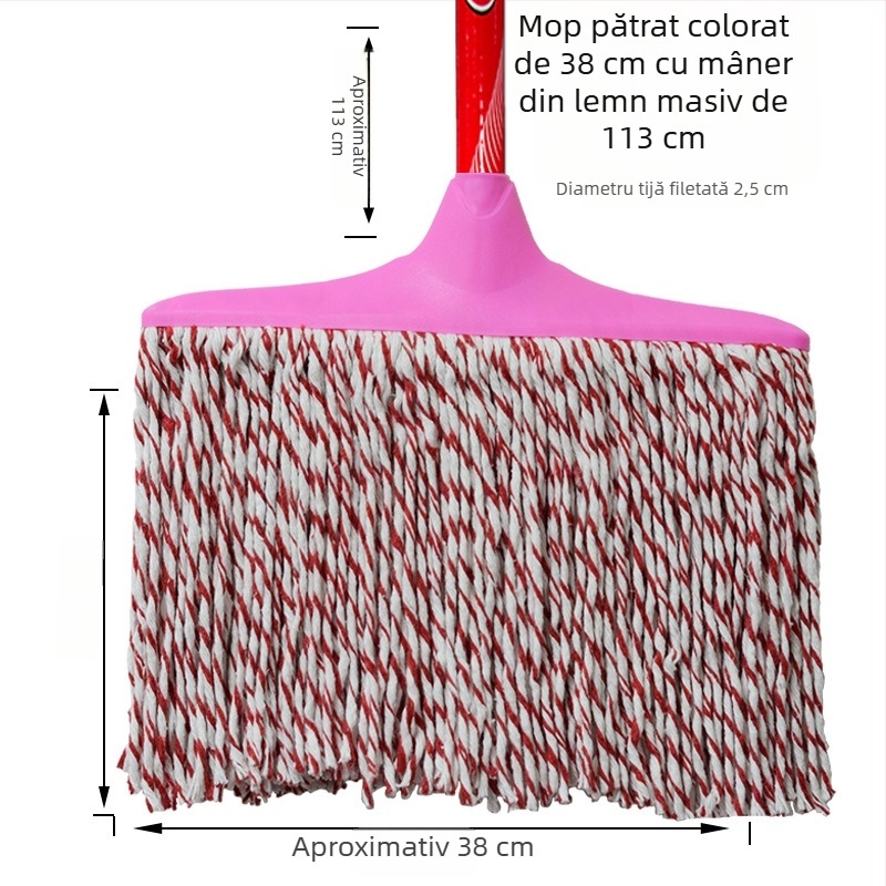 Mop plat cu cap din fir de bumbac, mâner din lemn extensibil, cârpă de mop absorbentă, cap plat gros, răsucire manuală