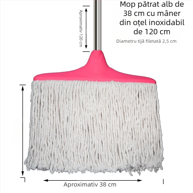 Mop plat cu cap din fir de bumbac, mâner din lemn extensibil, cârpă de mop absorbentă, cap plat gros, răsucire manuală