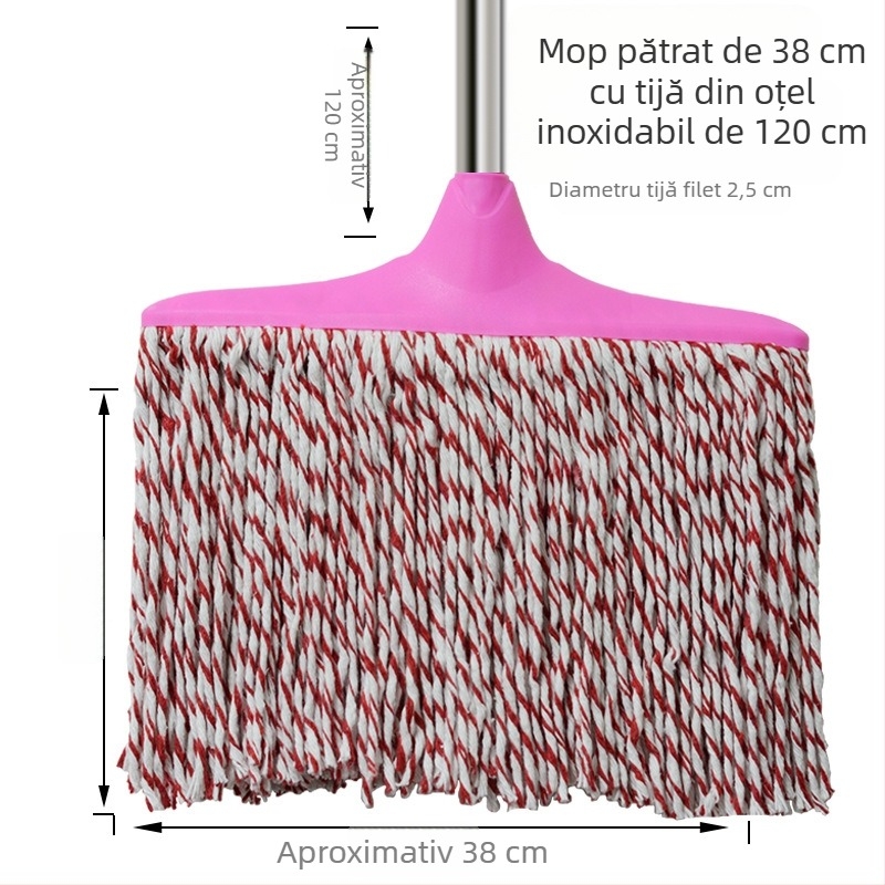 Mop plat cu cap din fir de bumbac, mâner din lemn extensibil, cârpă de mop absorbentă, cap plat gros, răsucire manuală
