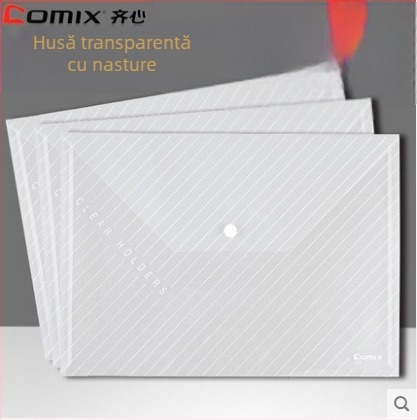 Comix C330 Geantă transparentă cu închidere prin capsă, model pătrățel, dosar A4 PVC
