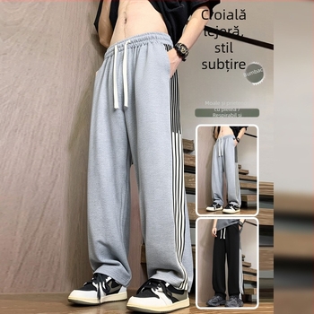 Pantaloni casual cu dungi, stil american, drepți, vară pentru bărbați tineri, ușori, pantaloni sport