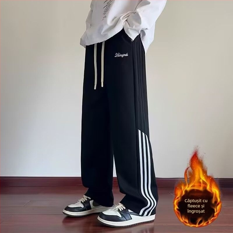Pantaloni sport pentru bărbați, căptuți cu fleece, patchwork retro american, croială lejeră, drepti cu drapaj, pantaloni casual de iarnă