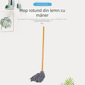 Mop de podea cu cap rotund, mâner din lemn și fire de bumbac