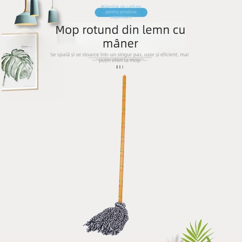 Mop de podea cu cap rotund, mâner din lemn și fire de bumbac