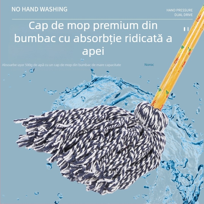 Mop de podea cu cap rotund, mâner din lemn și fire de bumbac