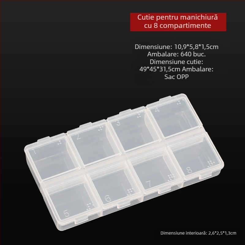 Cutie transparentă pentru accesorii de manichiură, cu capac rabatabil și compartimente separate pentru perle, mărgele și strasuri