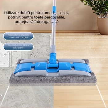 Langjing mop plat cu mâner extensibil, rotație de 360°, țesătură detașabilă, curățare uscată și umedă, pentru podele din lemn, microfibră