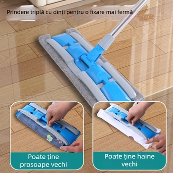 Langjing mop plat cu mâner extensibil, rotație de 360°, țesătură detașabilă, curățare uscată și umedă, pentru podele din lemn, microfibră