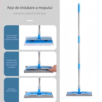 Langjing mop plat cu mâner extensibil, rotație de 360°, țesătură detașabilă, curățare uscată și umedă, pentru podele din lemn, microfibră