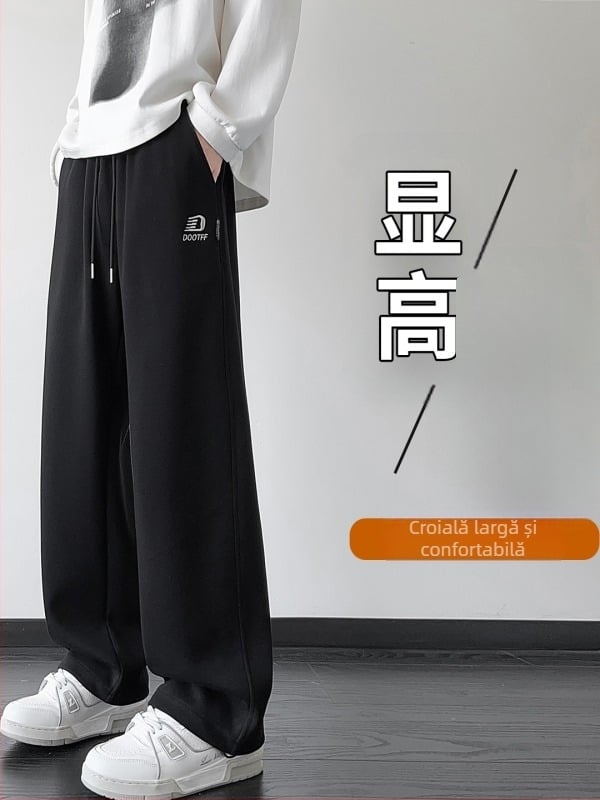 Pantaloni sport casual pentru băieți tineri, primăvară-toamnă, croială largă, drepti, talie medie-înaltă, închidere cu șiret, imprimeu text