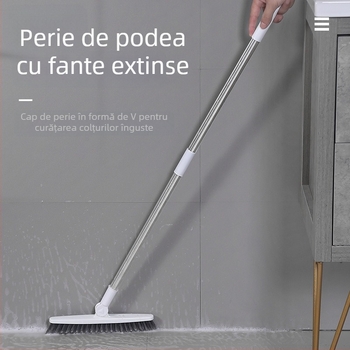 Perie de podea cu mâner lung și peri rigizi, pentru rosturi între plăci și curățenie în baie, ajunge în colțuri greu accesibile și în jurul toaletei.