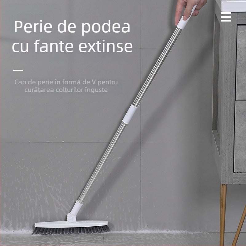 Perie de podea cu mâner lung și peri rigizi, pentru rosturi între plăci și curățenie în baie, ajunge în colțuri greu accesibile și în jurul toaletei.