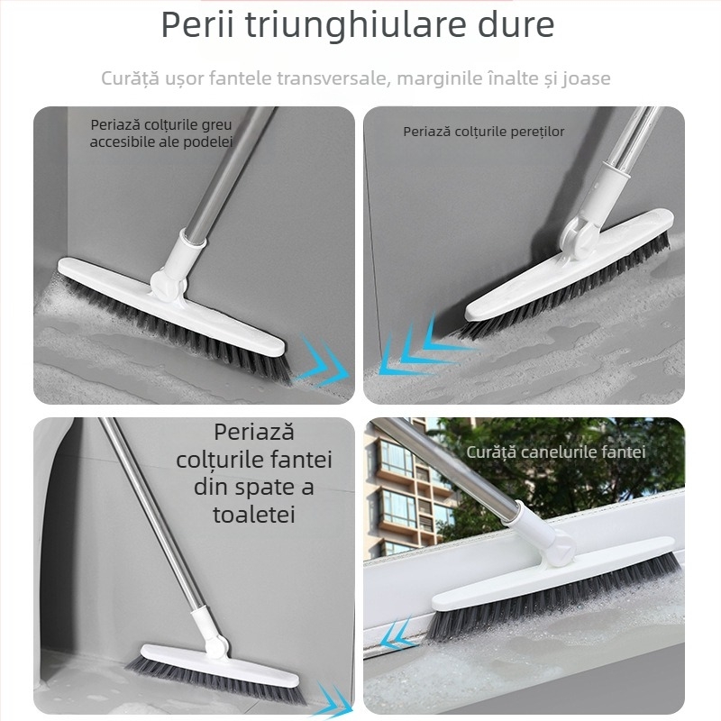 Perie de podea cu mâner lung și peri rigizi, pentru rosturi între plăci și curățenie în baie, ajunge în colțuri greu accesibile și în jurul toaletei.