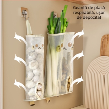 Geantă de depozitare din plasă pentru ceapă, ghimbir și usturoi, agățată pe perete, respirabilă