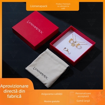 Cutie personalizată pentru bijuterii cu sacoșă din pânză cu șnur pentru verighete, cercei, brățări și coliere; imprimare logo; cutie cu capac superior și bază