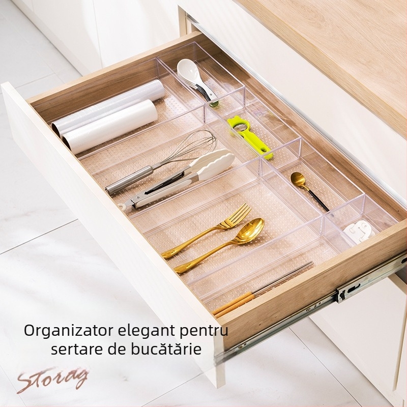 Organizator de sertar din plastic transparent cu compartimente pentru bucătărie, veselă și cosmetică