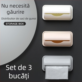 Suport montat pe perete pentru pungile de plastic de bucătărie, cu recipient de depozitare detașabil
