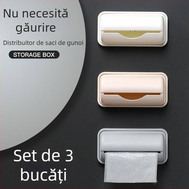 Suport montat pe perete pentru pungile de plastic de bucătărie, cu recipient de depozitare detașabil