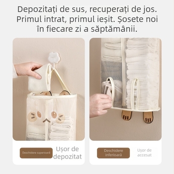 Organizator textil de depozitare pentru șosete și lenjerie, cu buzunar din plasă — agățat pe perete, dormitor
